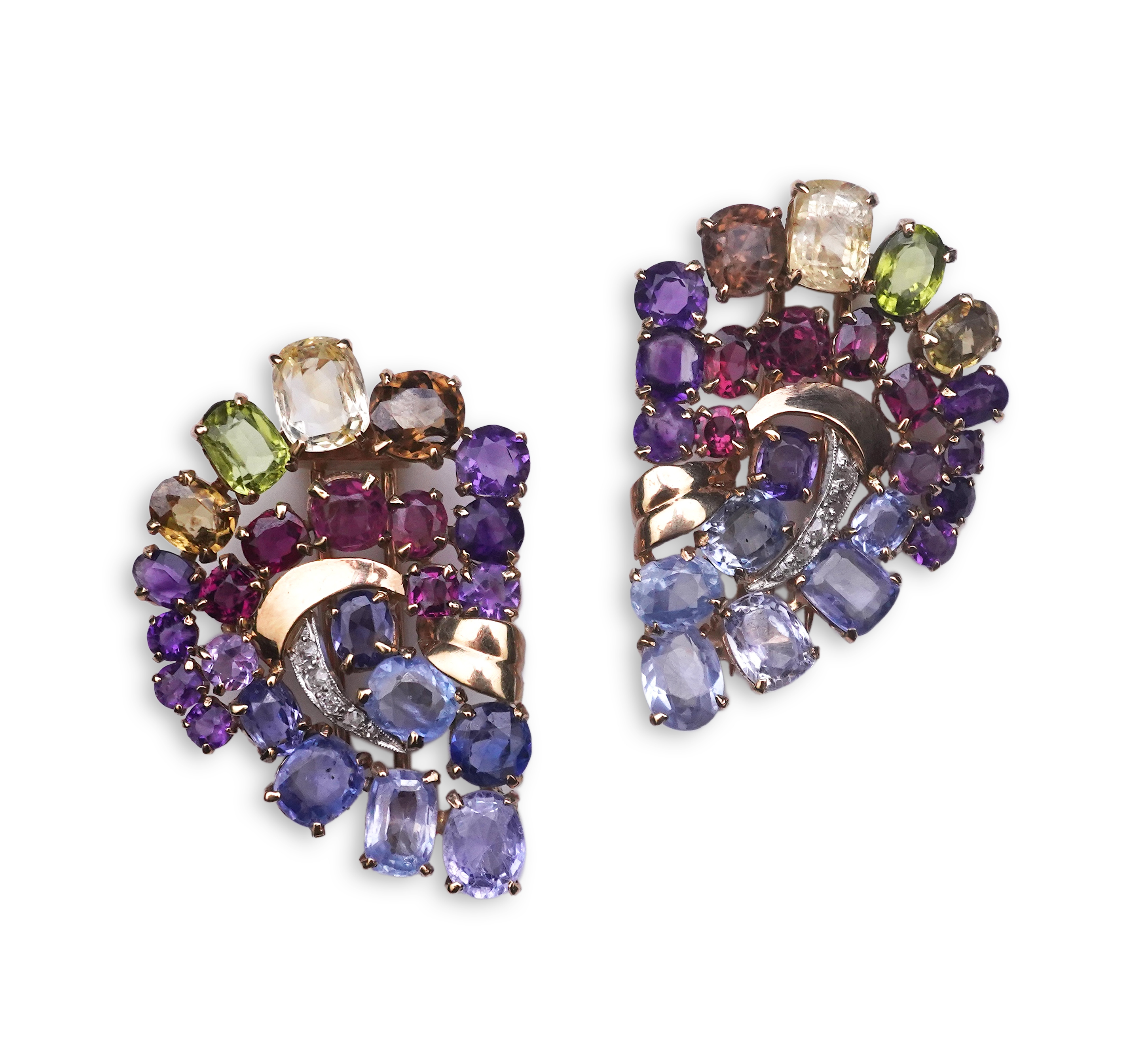 A Retro sapphire and multi-gem double clip brooch, circa 1940